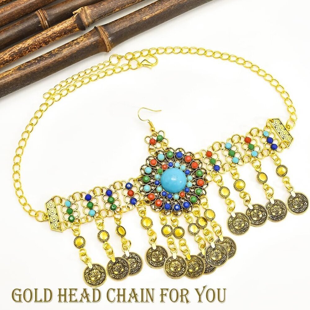Boho Gold Head Chain Coins Headpiece Jewelry Festival Accessory for Women Girls - Picture 7 of 7